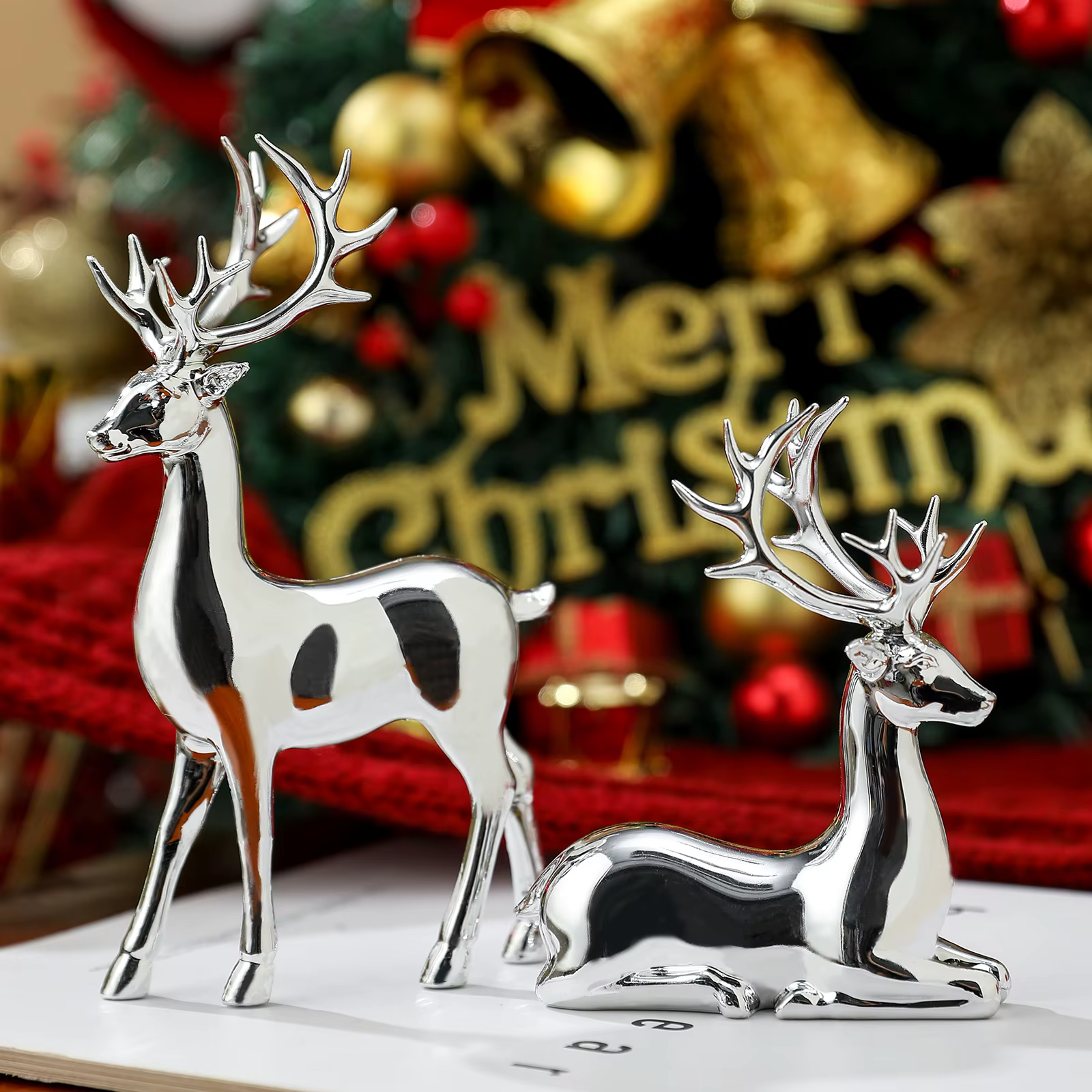 2 pièces décor de renne de noël résine debout assis cerf Figurine