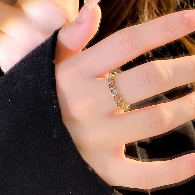 Colorful Tourmaline Ring for Women Fashion Retro Handmade Metal Wire Winding Beaded Open Adjustable