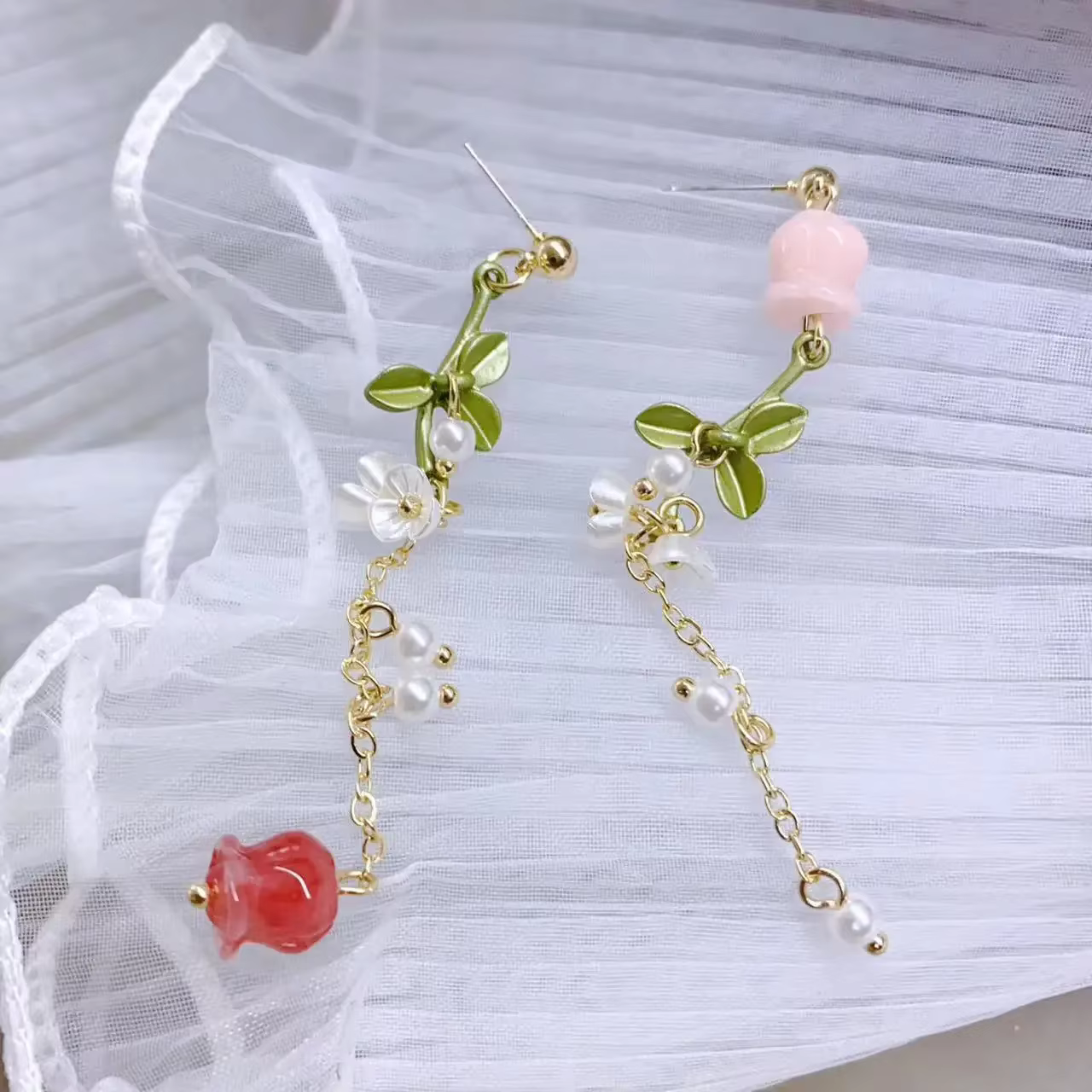 Boucles d'oreilles coréennes en perles de fleur de Rose fraîche