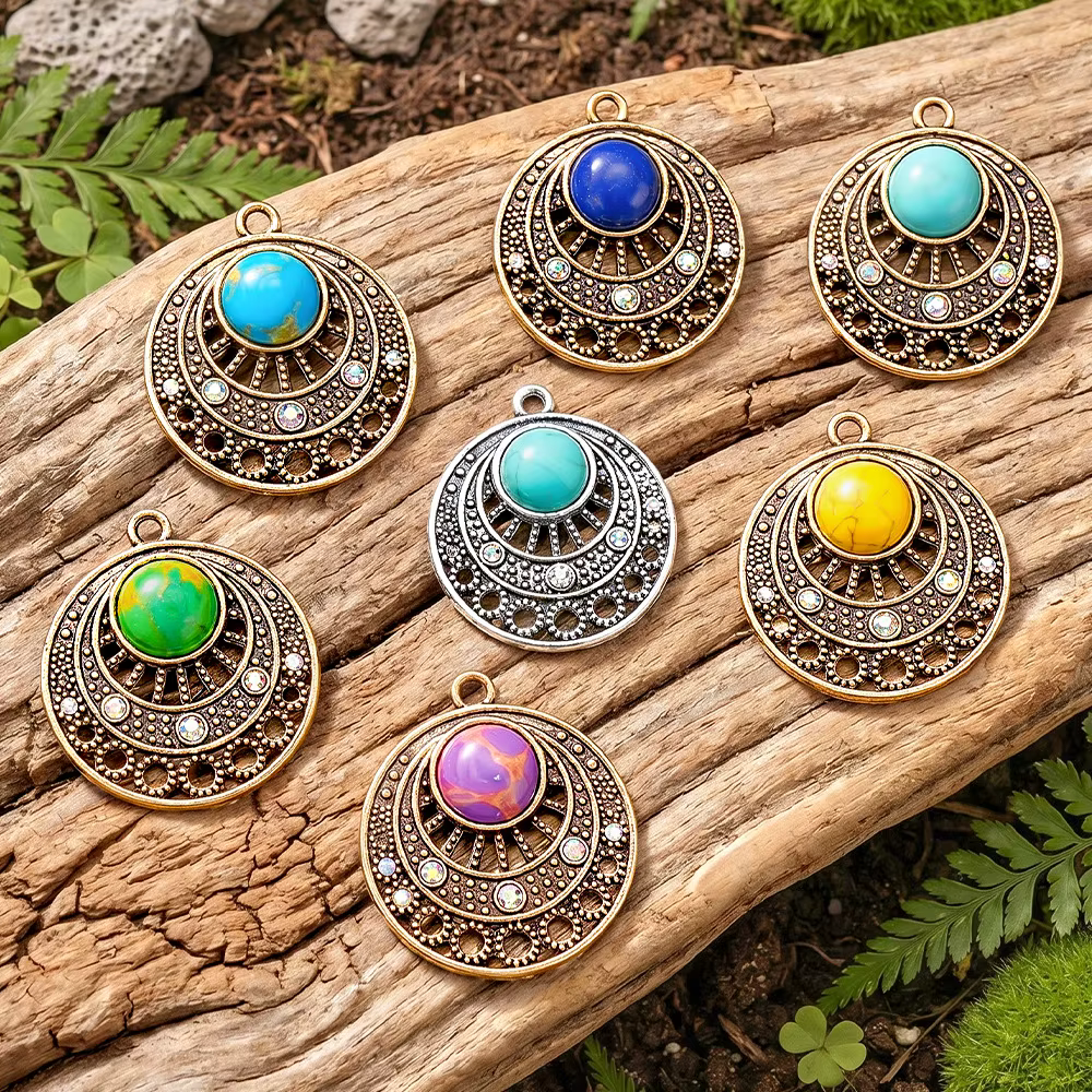 Pendentifs breloques vintage bohèmes ethniques en alliage doré antique avec pierres pour la fabrication de bijoux DIY