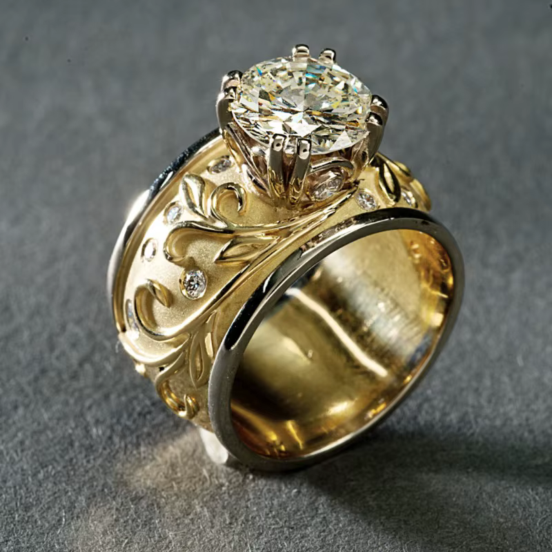 Bague Vintage Exquise Incrustée de Zirconium Synthétique Texturé Doré pour Femme