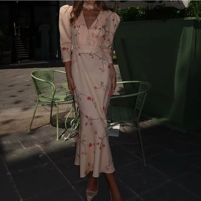 Nouvelle Robe Longue Sirène de Soirée de Mariage 2026 à Imprimé Floral Français