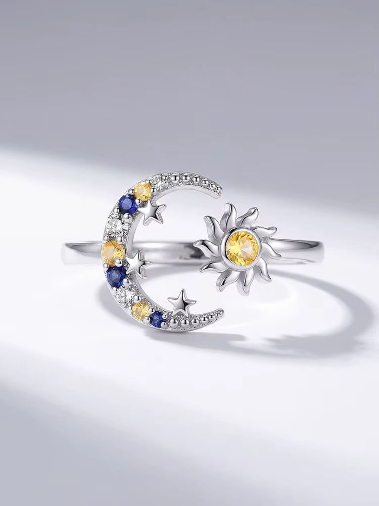 Bague réglable classique lune et soleil en argent sterling 925 pour femme