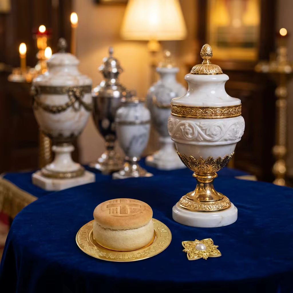 Ensemble d'assiettes d'autel orthodoxes en métal doré avec prosphora et objet carré orné dans une boîte haut de gamme