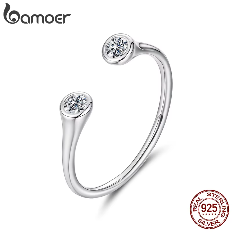 BAMOER Moissanite larme anneau ouvert Double pierre empilable