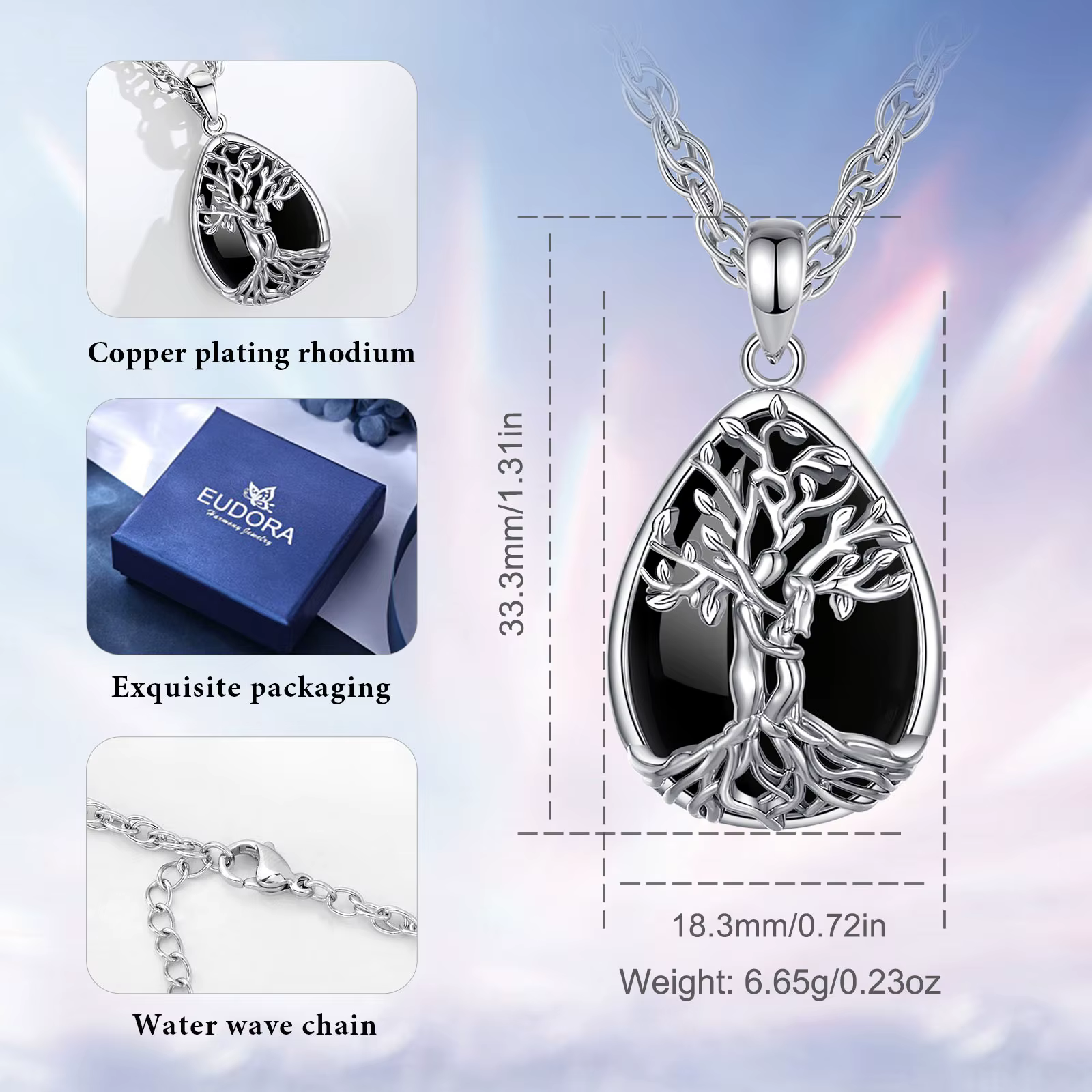 Collier Eudora Arbre de Vie avec Pendentif Couple en Obsidienne