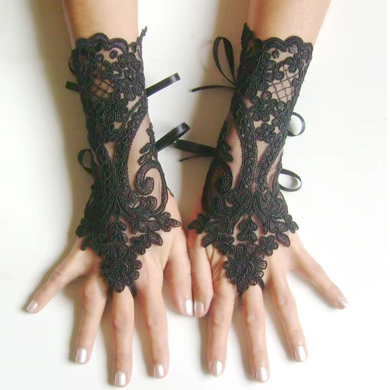 Gants de Mariage Blancs et Noirs en Dentelle à Fleurs pour Femme