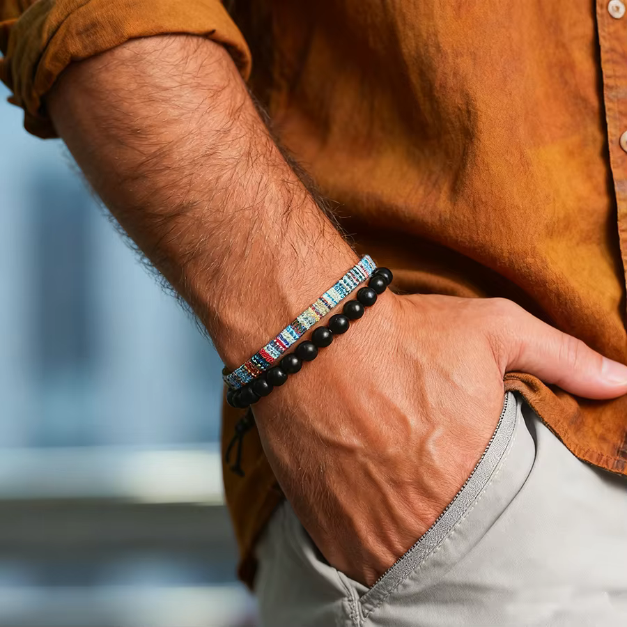 Noter ethnique hommes Bracelet ensemble tressé à la main bohême tissu Braclet polyvalent