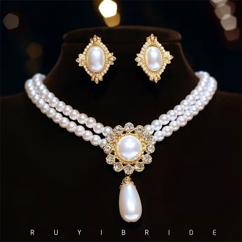 SHMIK élégant Vintage palais plein perle pendentif collier chaînes boucles d'oreilles pour femmes dame classique exquis