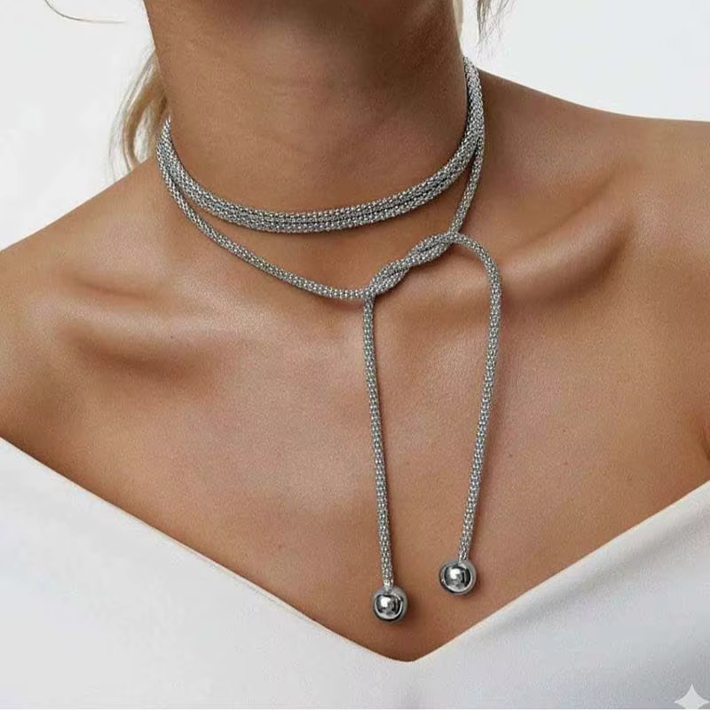 Collier multi-rangs en acier inoxydable couleur argent pour femmes et hommes