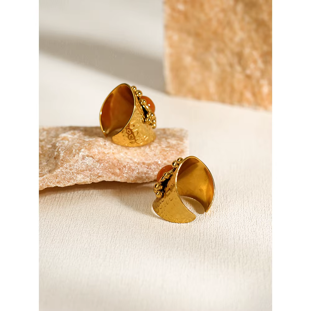 YACHAN 18K plaqué or inoxydable femmes large anneau luxe Pierre orange texture métallique bijoux esthétiques de mode