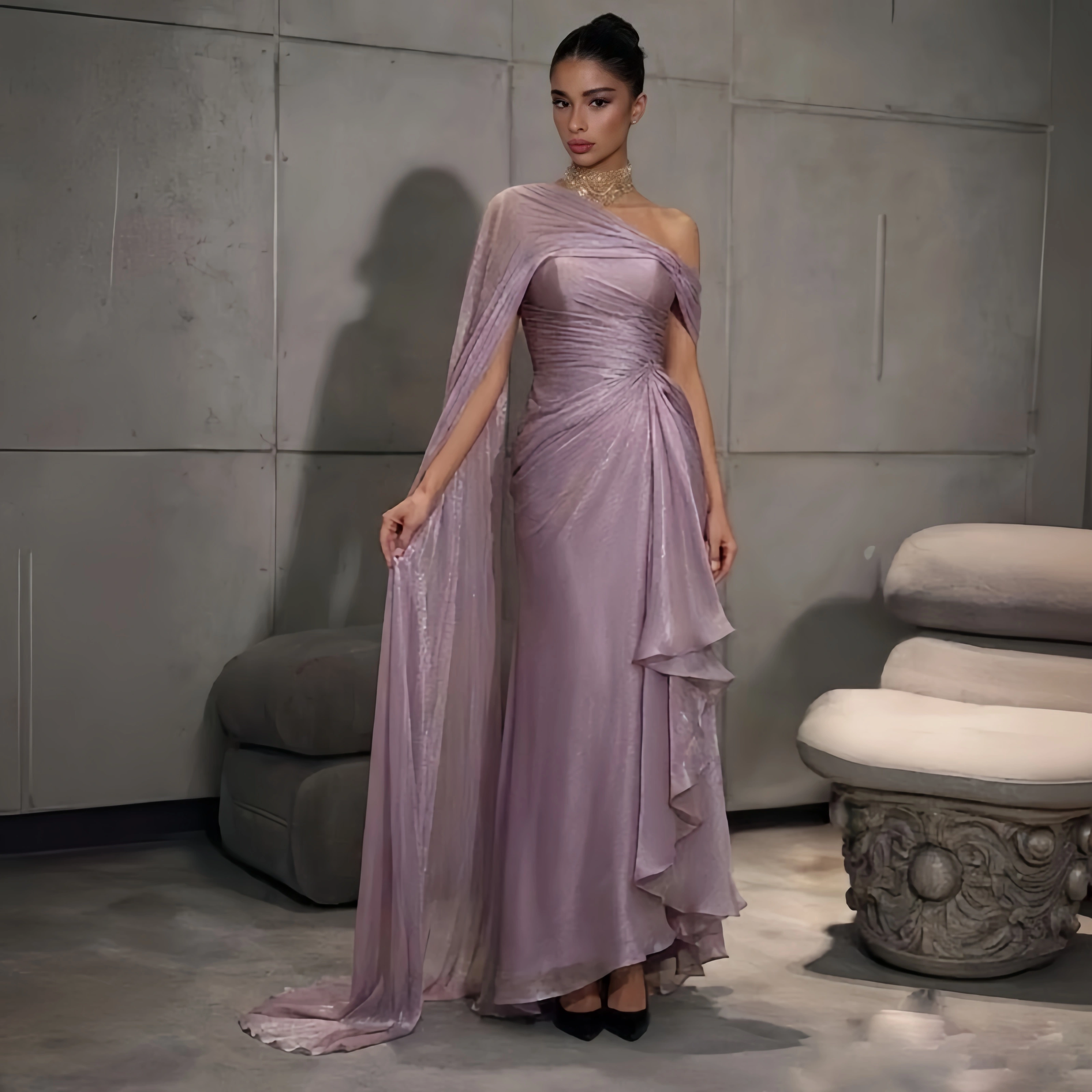Robe de soirée élégante rose asymétrique à une épaule avec cape drapée pour femme 2026 – Collection Vestidos De Fiesta Elegantes