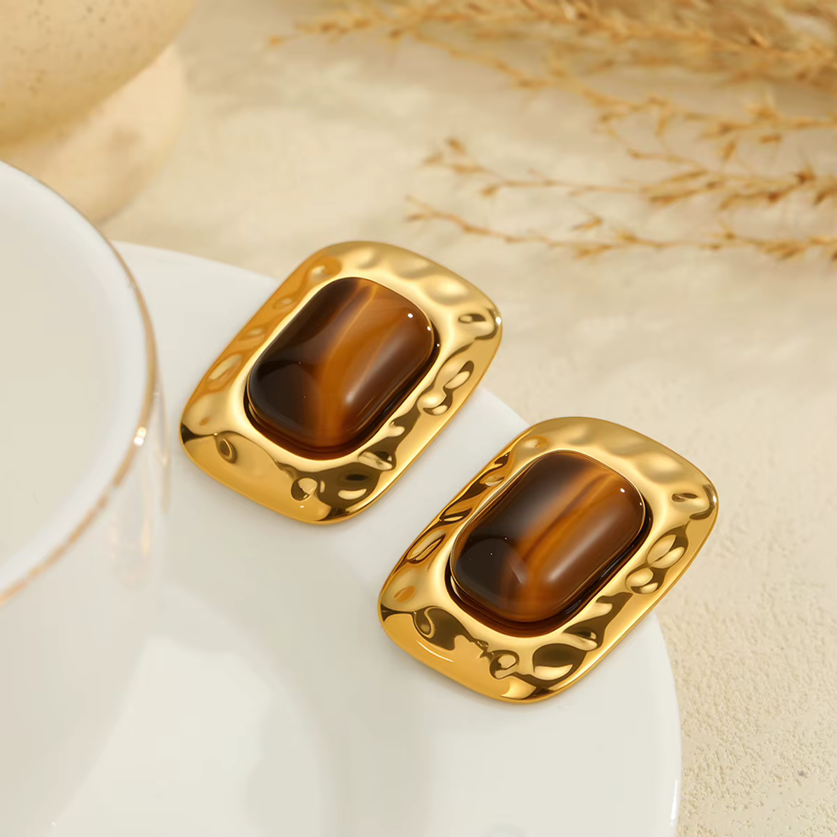 Ars Boucles d'oreilles vintage en pierre d'agate plaqué or 18 carats