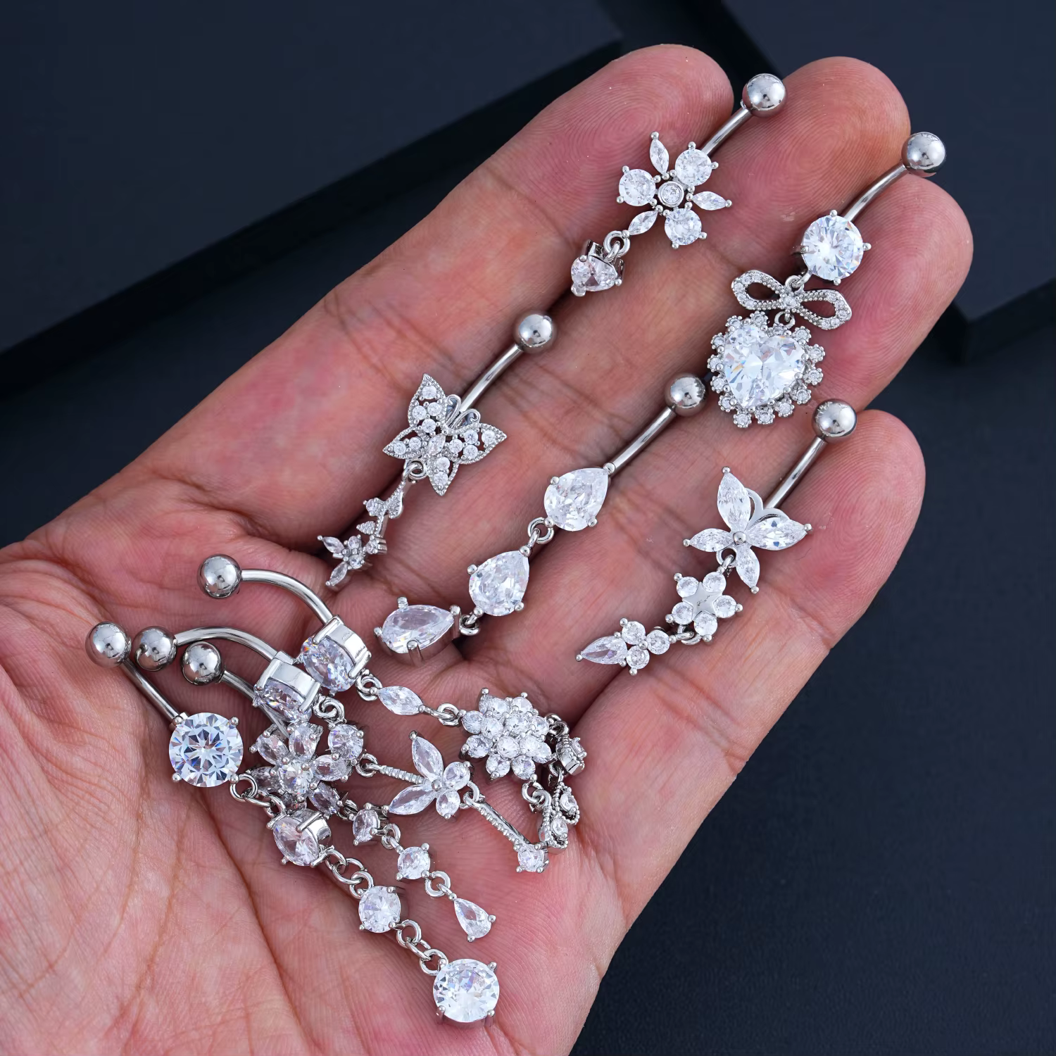 14G Long incurvé pendant Nombril Umbigo pour femmes filles goutte d'eau fleur pendentif Sexy