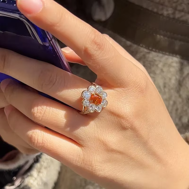 Bagues ovales en forme de fleur de rubis orange pour femmes