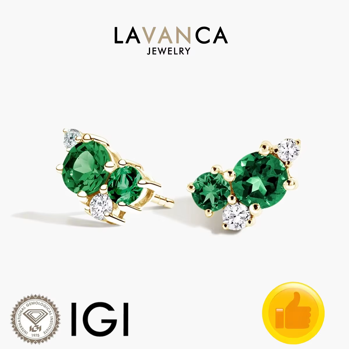 Boucles d'oreilles rondes en émeraude et diamant cultivés en laboratoire