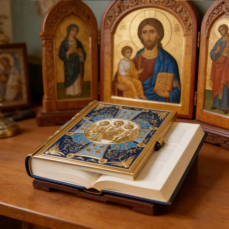 Couverture de livre de chants orthodoxes plaquée or de luxe avec icône émaillée de la Sainte Trinité pour la liturgie