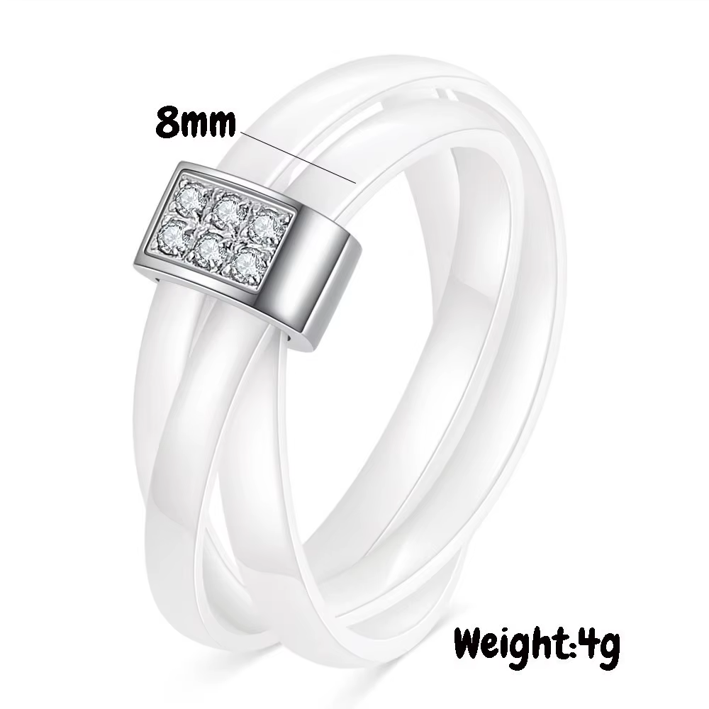 Bague à trois anneaux en céramique noire et blanche sertie de diamants à double rangée de 8MM pour couples