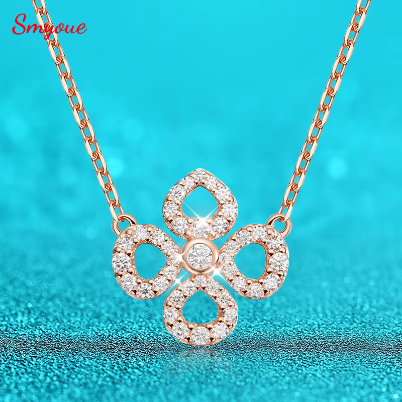 Collier pendentif en moissanite pleine fleur Smyoue pour femmes Chaîne scintillante pour filles Bijoux de cou Plaqué argent sterling S925 18k