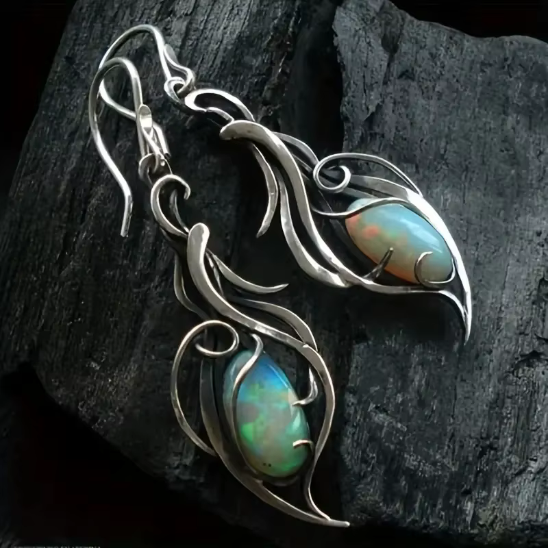 Boucles d'oreilles pendantes en opale bohème - Bijoux élégants plaqués argent pour les fêtes et les occasions spéciales E1238-1