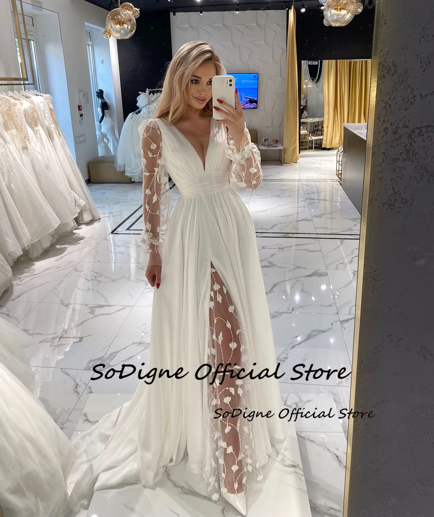A-ligne robes de mariée en mousseline de soie manches longues col en v Appliques robe