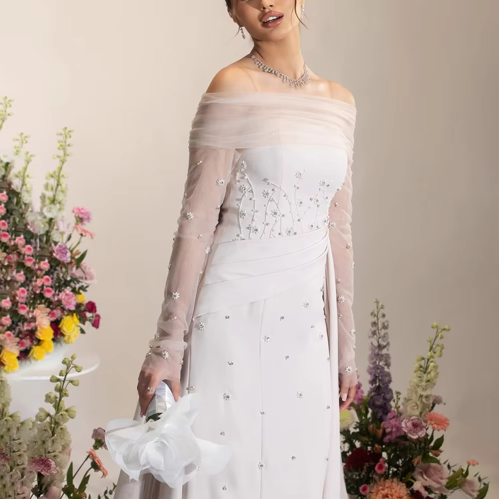 Robes de soirée de mariage élégantes col bateau manches longues perles