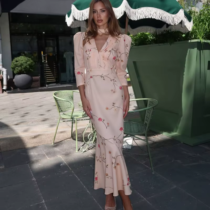 Nouvelle Robe Longue Sirène de Soirée de Mariage 2026 à Imprimé Floral Français