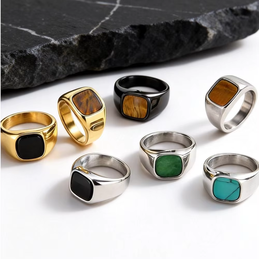 Bague élégante en pierre naturelle carrée pour homme