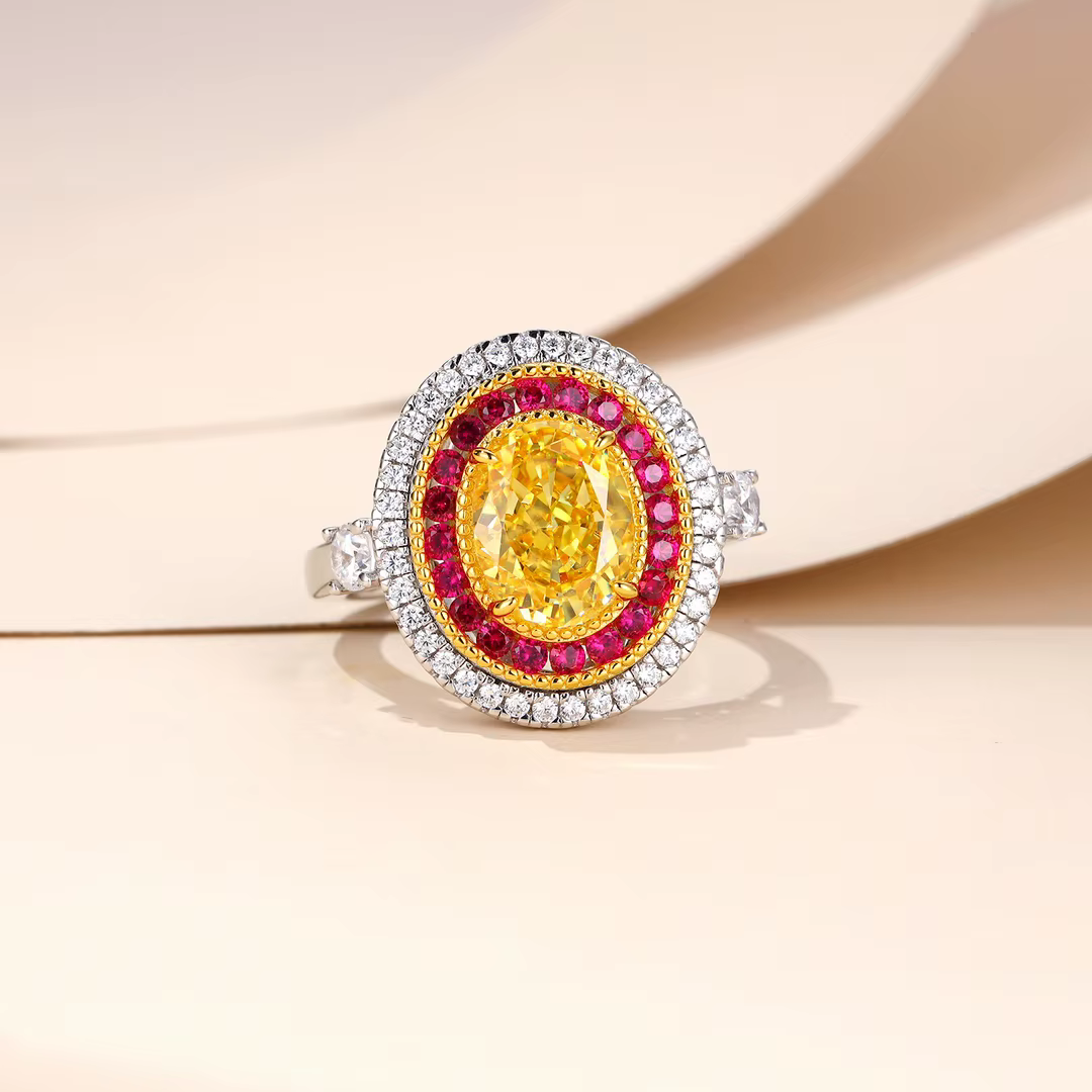 Bague de fiançailles fantaisie avec diamant jaune ovale créé de 3 carats (7*9mm) en argent 925 pour femme 248