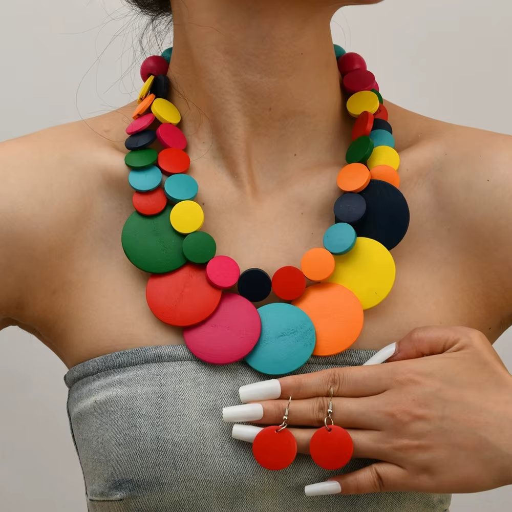 Bijoux africains bohème couleur géométrique ronde perles en bois fait à la main collier et boucles d'oreilles accessoires de fête pour femmes