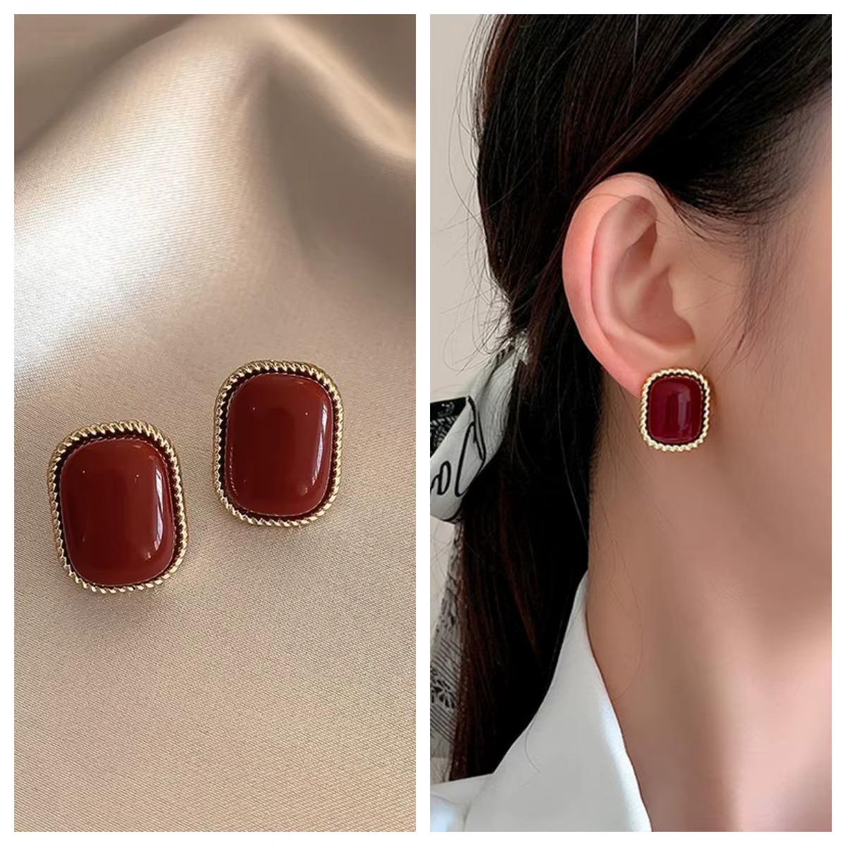 Boucles d'oreilles clous carrées émaillées bordeaux vintage pour femme