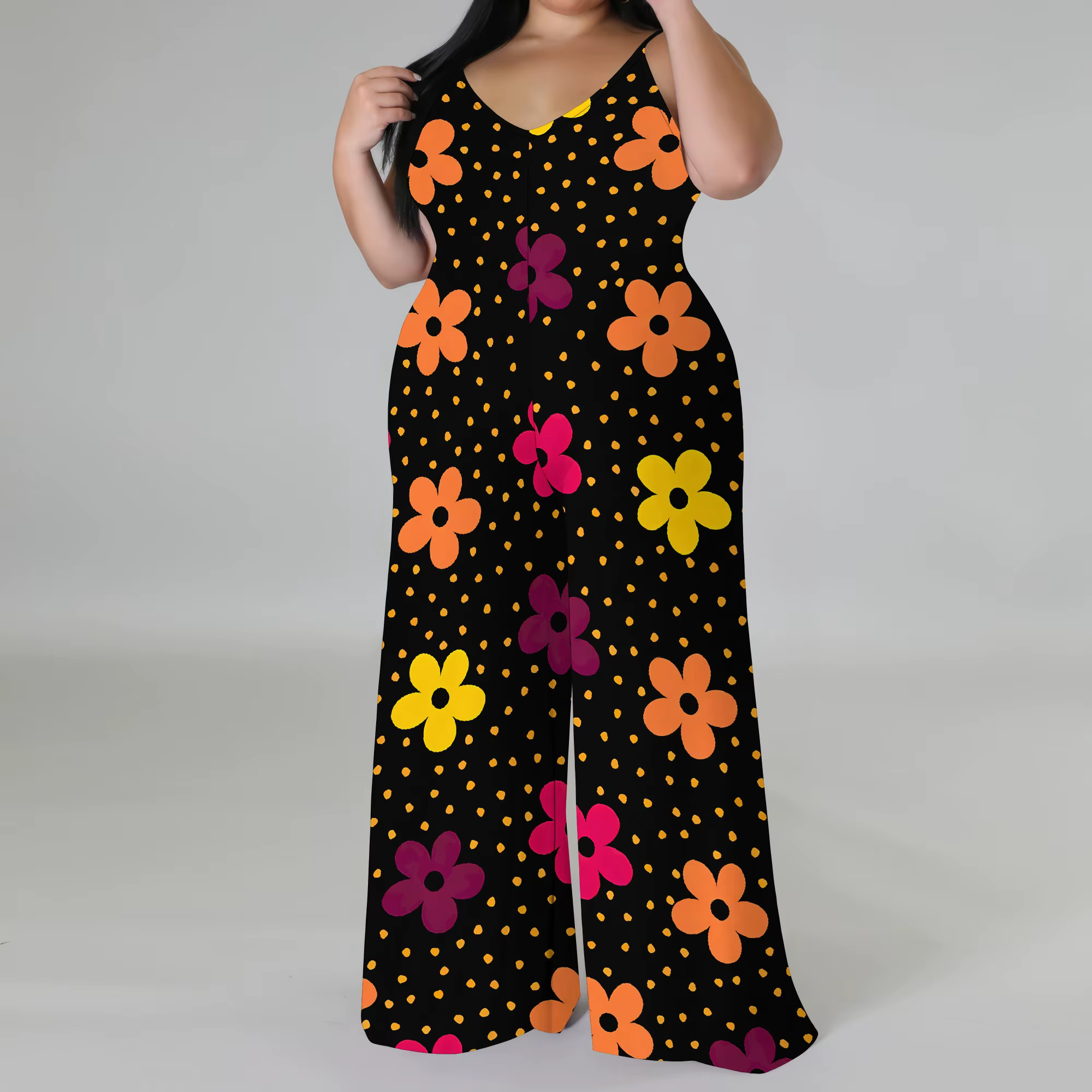 Combinaison florale grande taille – Barboteuse à jambes larges et épaules dénudées avec écharpe