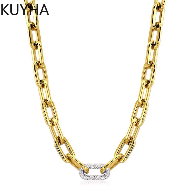 Parure de bijoux fantaisie en acier inoxydable plaqué or 18 carats avec chaîne épaisse à fermoir, breloque en zircon cubique, bracelet, collier et boucles d'oreilles