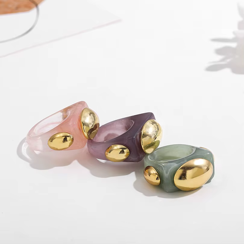 Grand anneau en résine acrylique or diamant couleur bonbon géométrique INS été fille chaude gelée