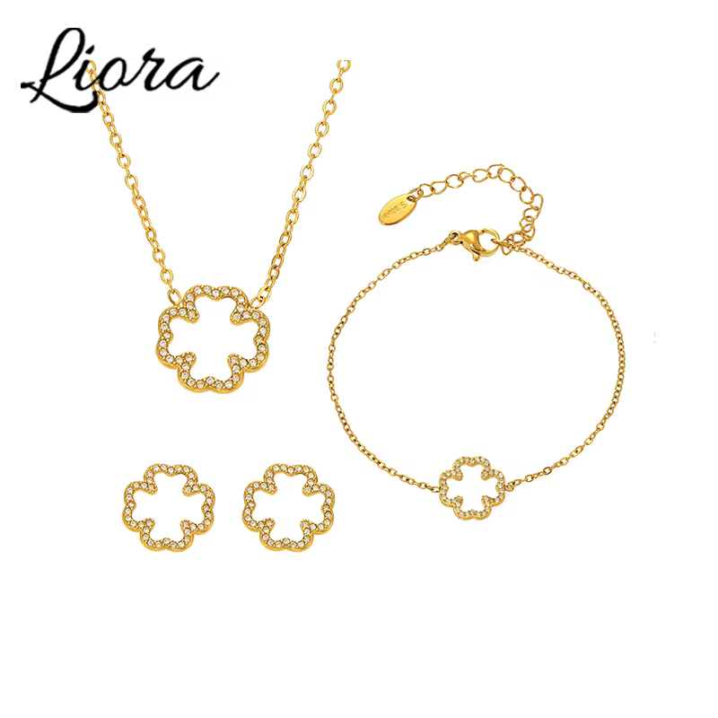 Liora exquis brillant Zircon acier inoxydable fleur pendentif collier Bracelet boucles d'oreilles pour les femmes bijoux de fiançailles de mariage