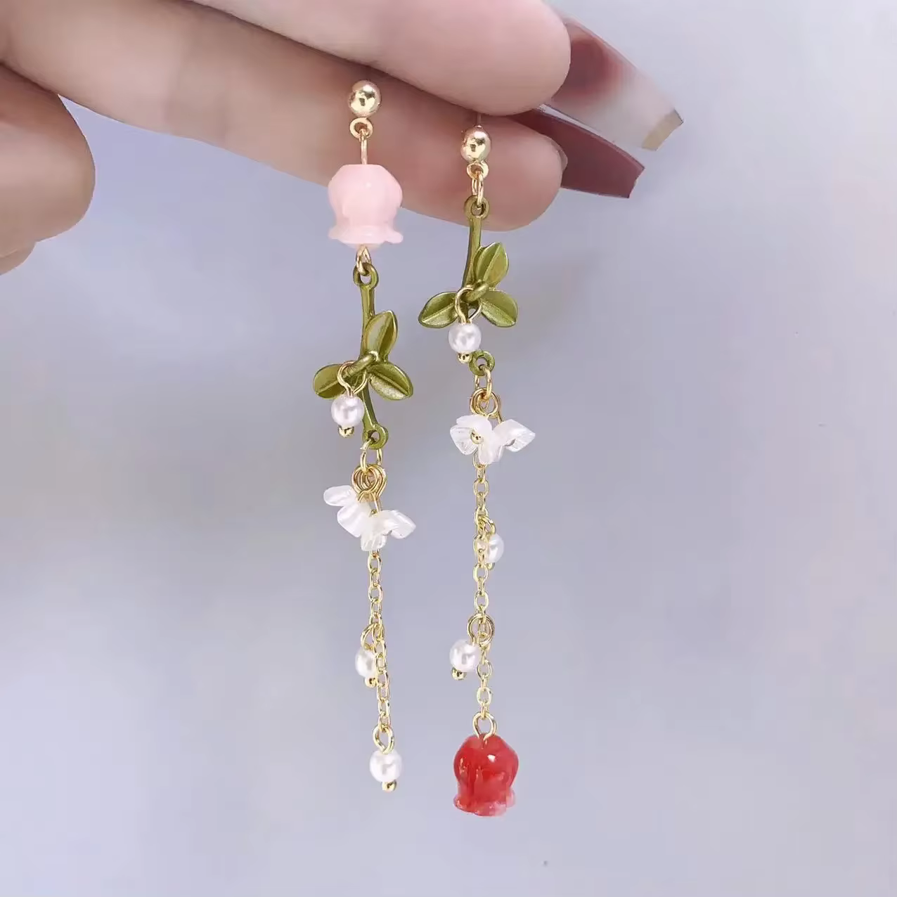 Boucles d'oreilles coréennes en perles de fleur de Rose fraîche