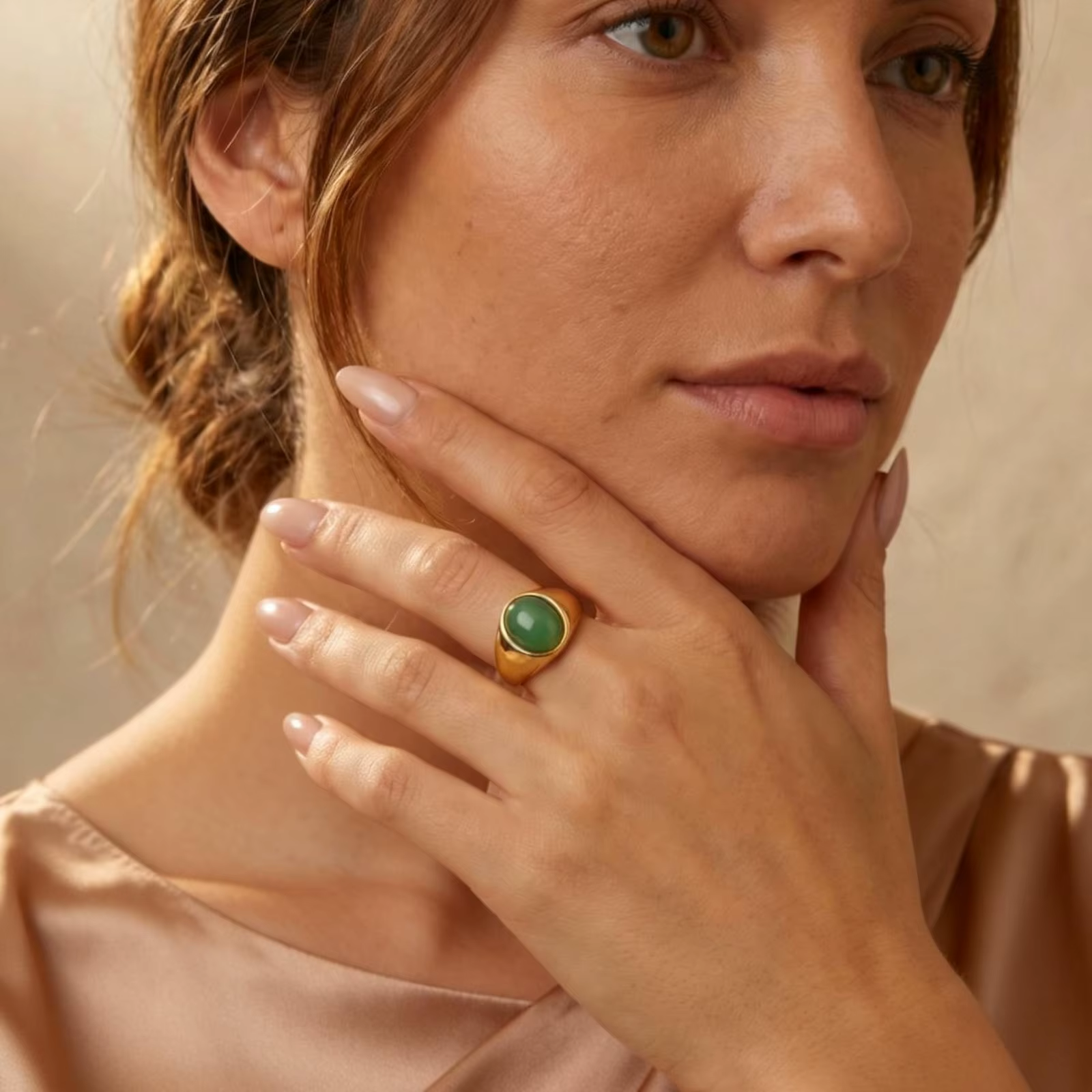 Bague ovale en acier inoxydable avec Aventurine naturelle pour femme