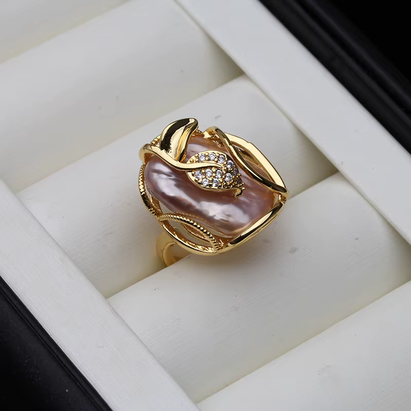 Bague en argent 925 avec grande perle naturelle baroque d'eau douce authentique
