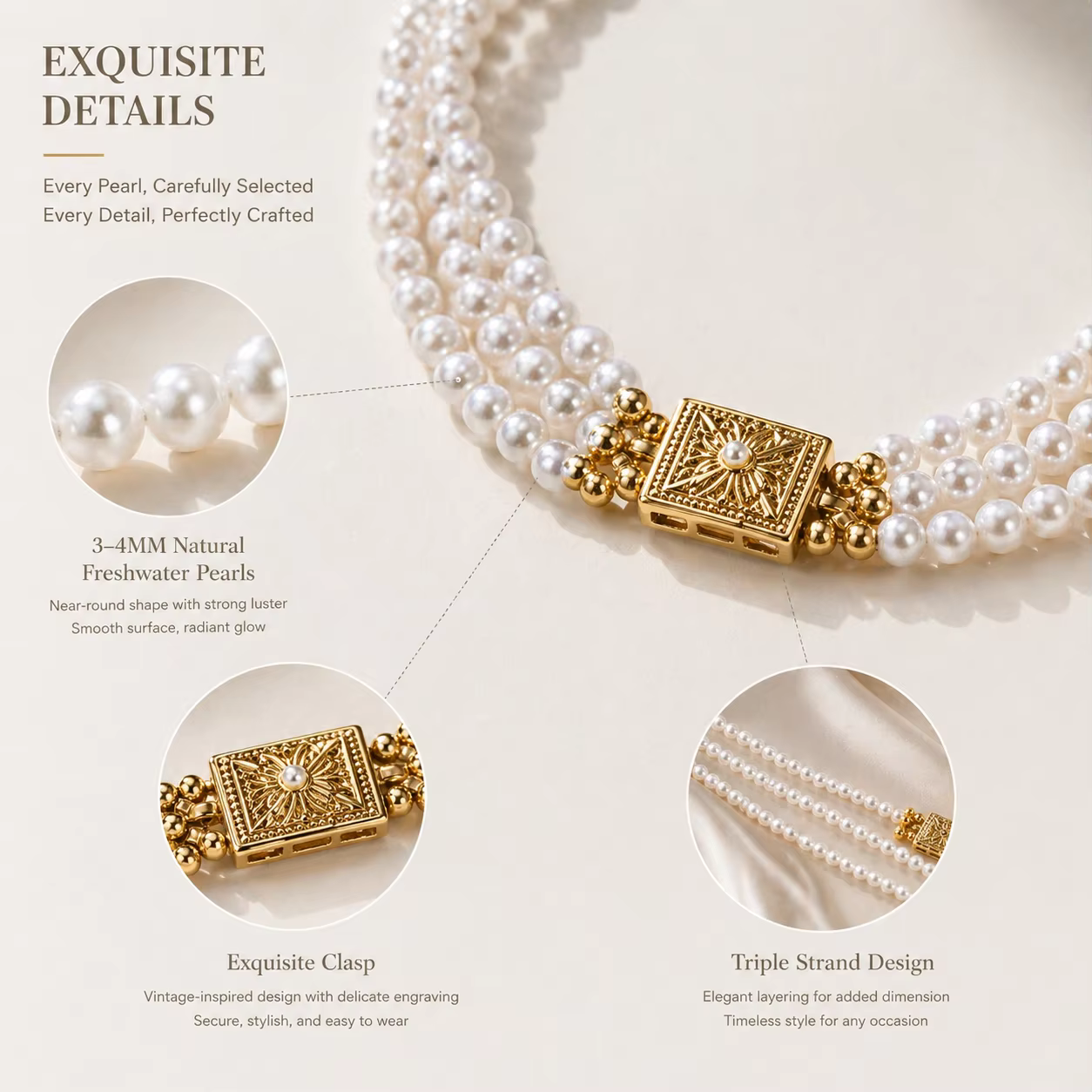 Collier de perles d'eau douce naturelles Mareora 3-4 mm