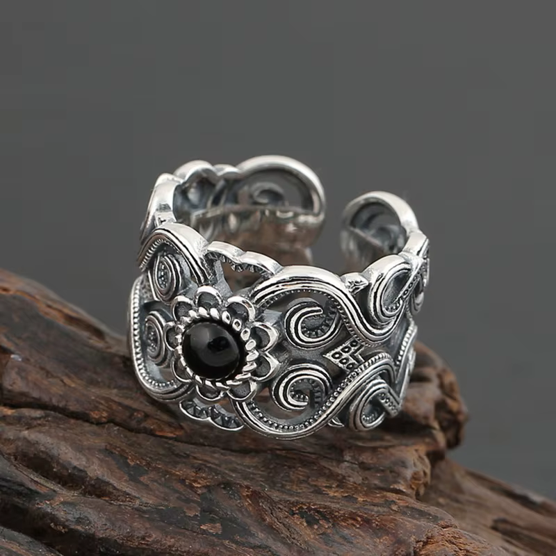 Bague rétro à motif de fleur mongole pour hommes et femmes