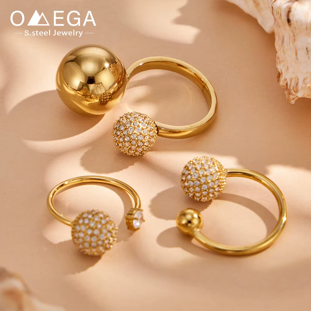 Ensemble de bagues ouvertes en acier inoxydable 316L plaqué or 18 carats avec double sphère et zircon pavé