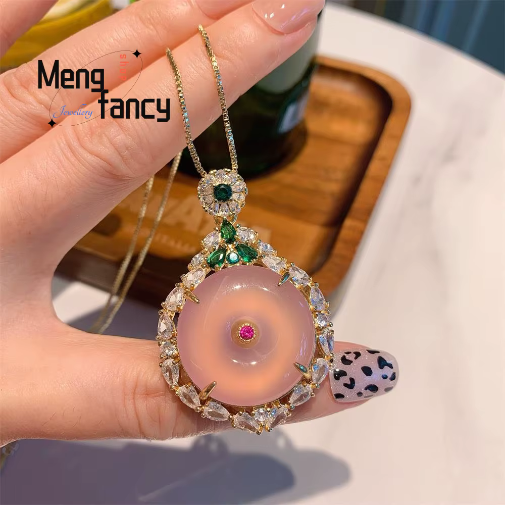 Pendentif en pierre de calcédoine rose naturelle incrustée d'agate verte de paix