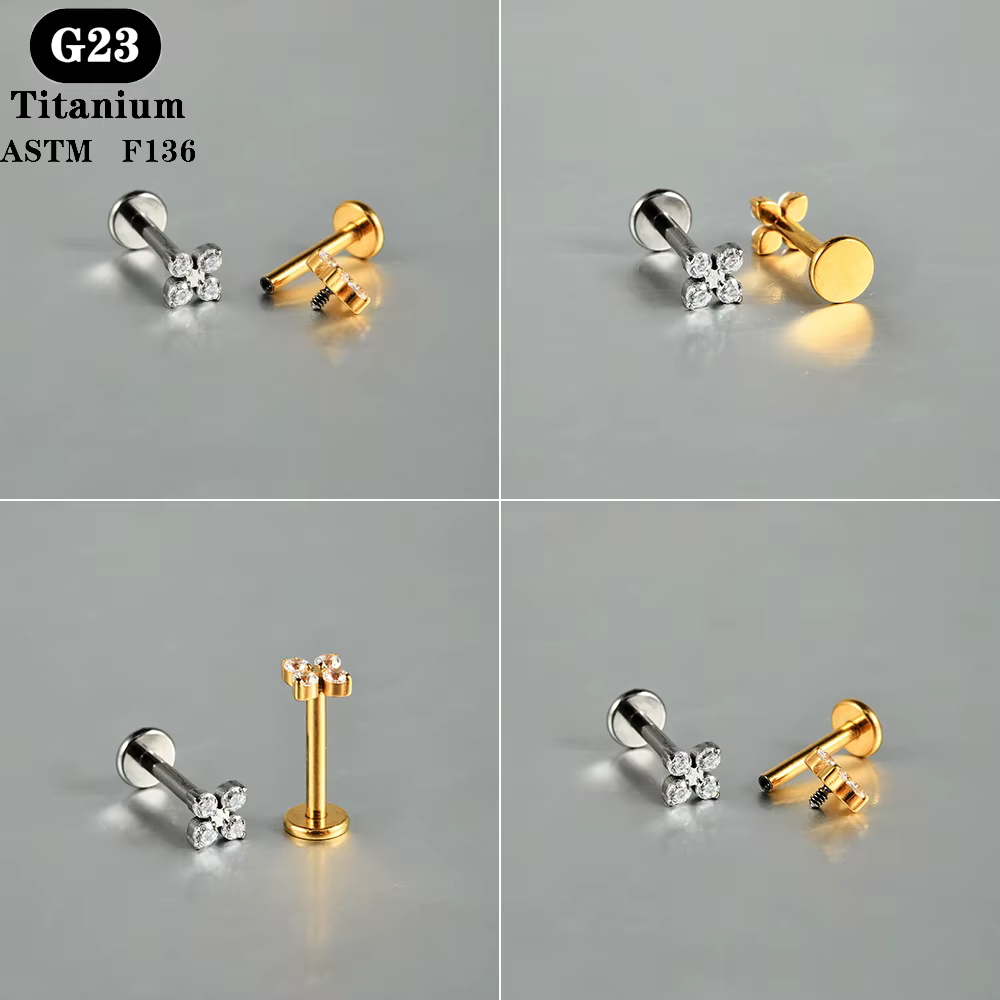 1 PC ASTM F136 titane Zircon dos plat boucle d'oreille fleur clous