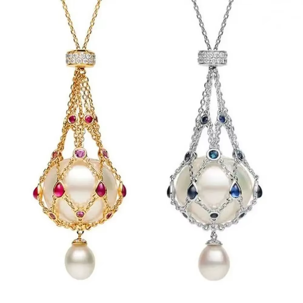 Pendentif Lavalier en métal avec perles et pierres précieuses