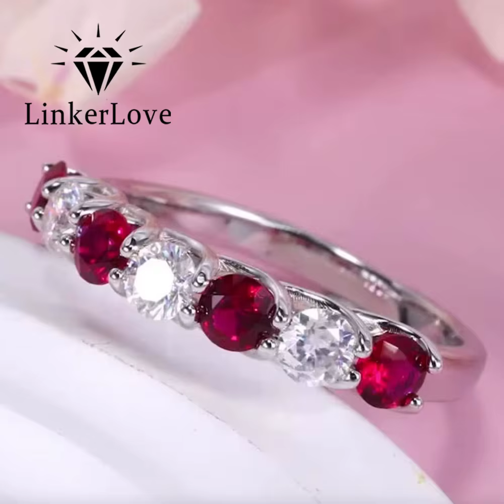 Bague LinkerLove Ruby pour femme, argent sterling S925, pierre précieuse moissanite, 7 pierres alternées, alliance de mariage, bijoux, cadeau d'anniversaire