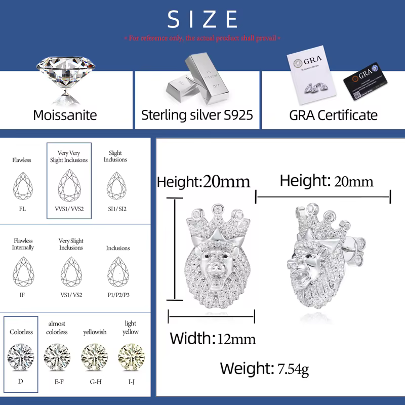 Boucles d'oreilles Hip Hop roi Lion en argent Sterling 925 véritable plaqué Rhodium, couronne de Moissanite glacée, bijoux cadeaux pour hommes