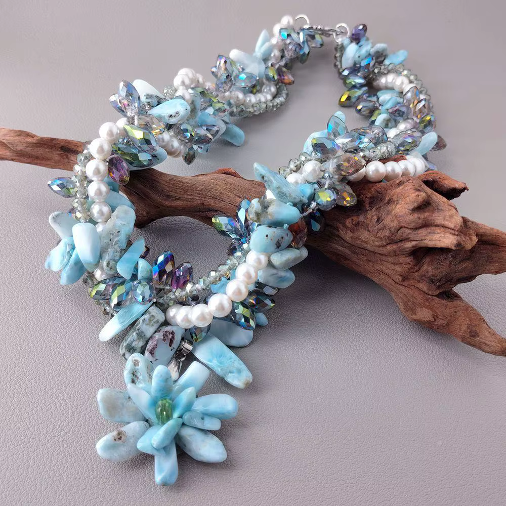 KKGEM 4 brins 9x16mm Larimar 6mm coquille de mer blanche cristal Torsade collier élégant déclaration colliers bijoux