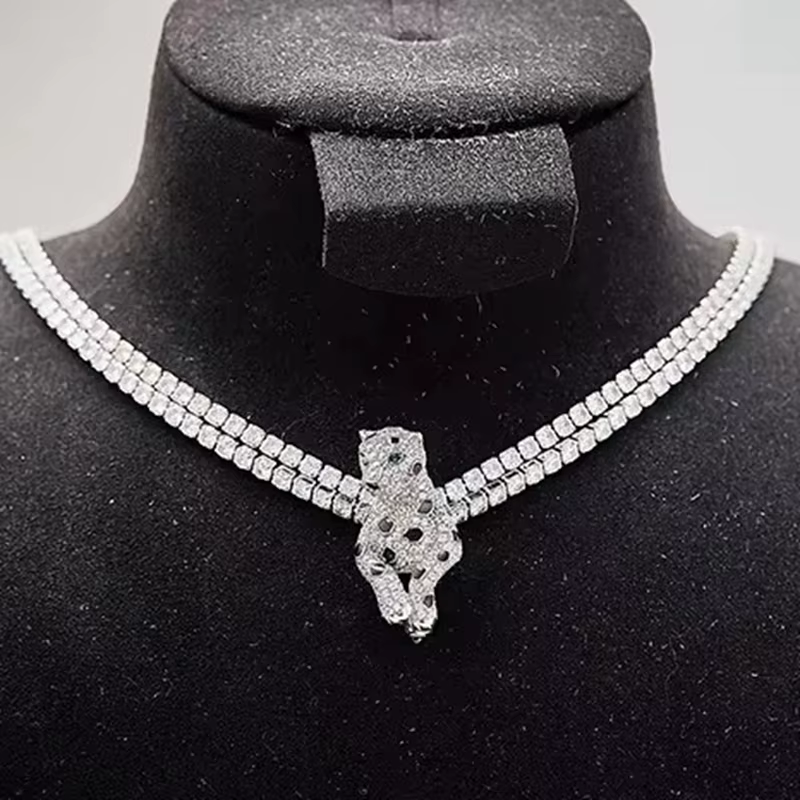 AYJEWELRY Nouvelle Tendance Collier Tennis Double Couche avec Pendentif Broche Panthère Léopard Noir en Zircon 5A