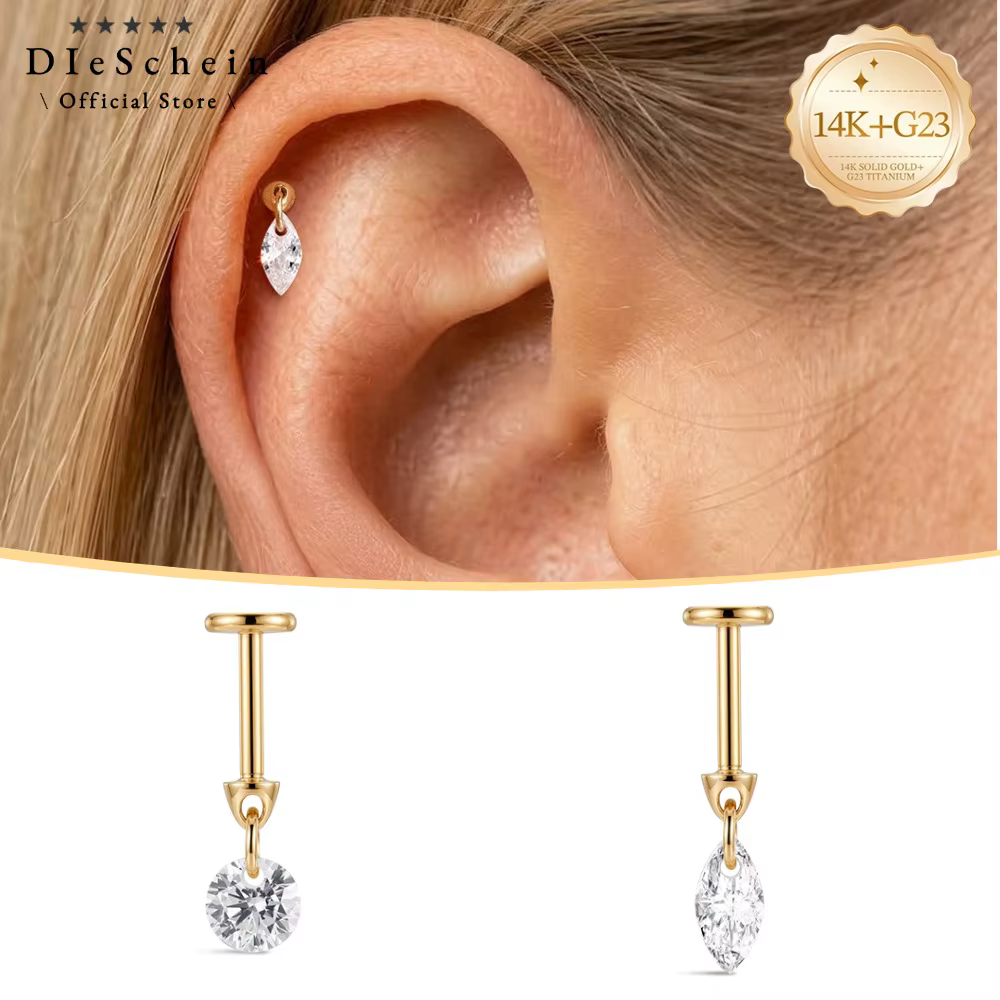DIeSchein Boucle d'oreille en or massif 14K à dos plat, avec zircon marquise, type labret à filetage interne, bijou de piercing