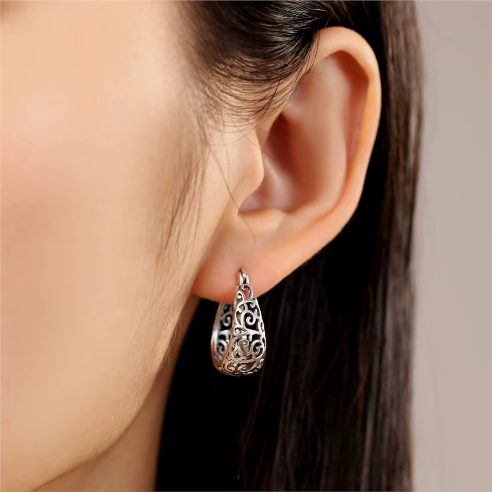 Boucles d'oreilles créoles vintage en argent regardé 925 pour femmes